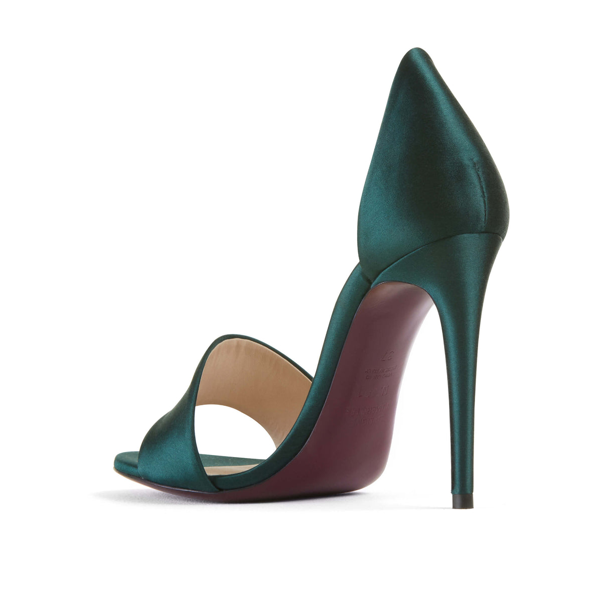 Sandale luxe en satin et talon de 10.5 cm. Colori vert émeraude. Edition Signature N.001 La Ligne Numérotée.