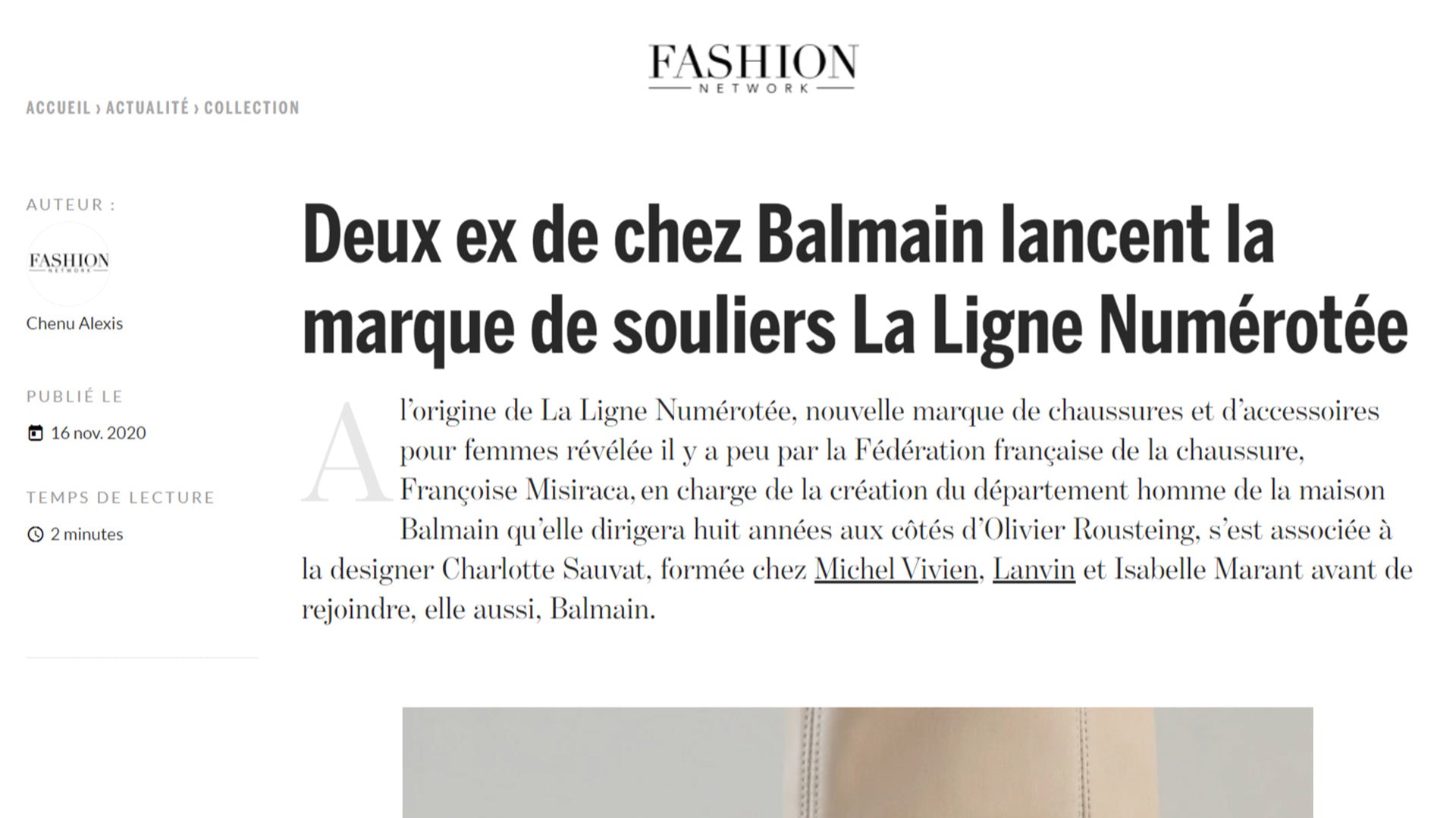 Deux ex de chez Balmain lancent la marque de souliers La Ligne Numérotée -  Fashion Network, 16 novembre 2020 